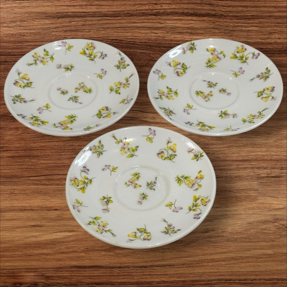 Martha Stewart  Everyday France Yellow Purple‎ Pansies 3 Coffee Cup Saucers
